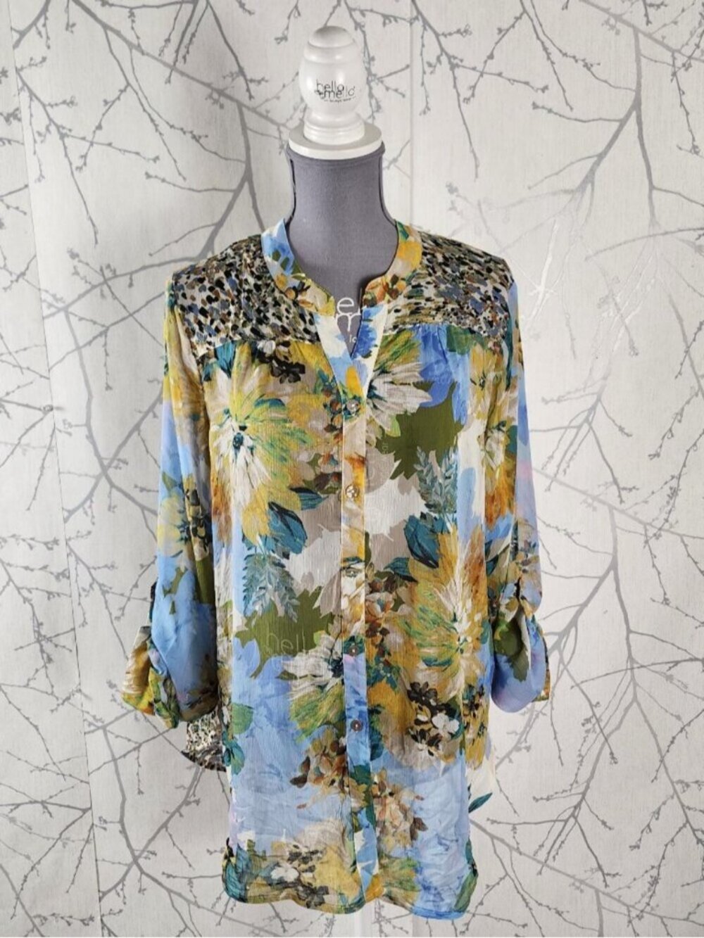 Figueroa & Flower Colorful Artsy Floral Print Sheer Blouse
